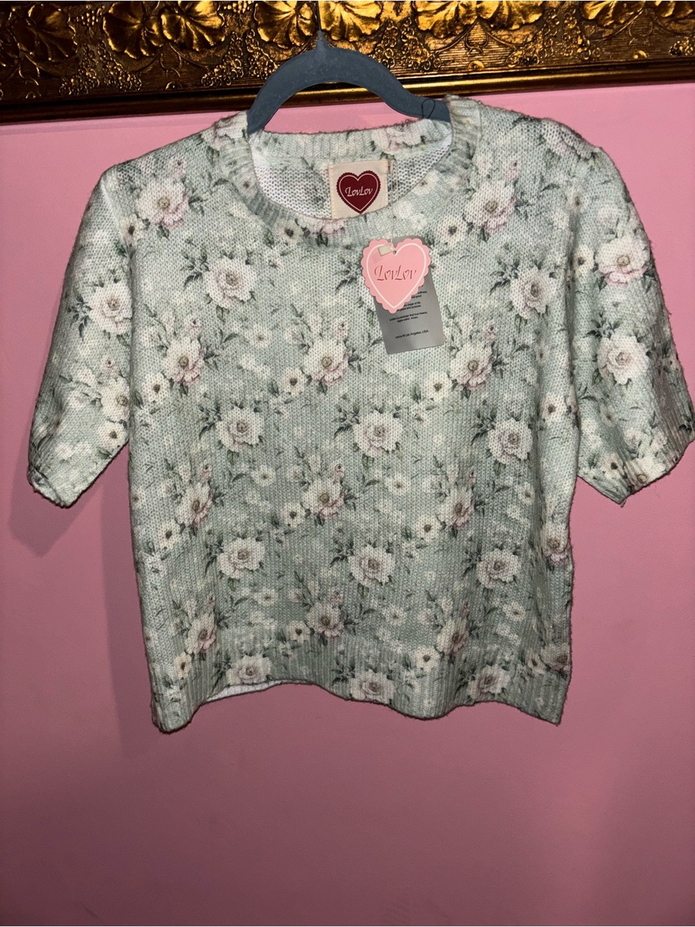 LovLov Floral Knit Short-Sleeve Sweater in Light Mint Size Large
